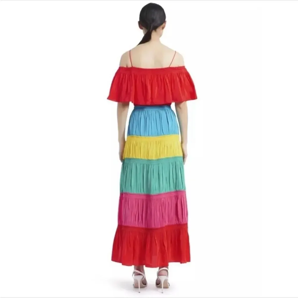 ALICE + OLIVIA Kia Rainbow Tiered Maxi Dress | Colorblock Resort Statement - Picture 2 of 10